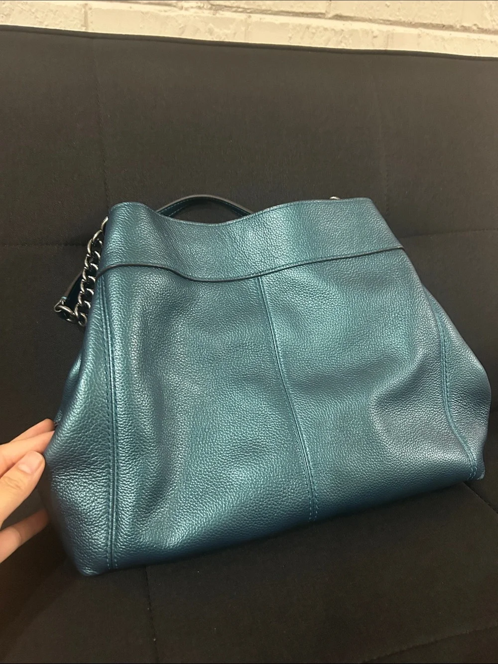 Coach Lexy Metallic Peacock Blue Teal Pebbled Leather Chain Shoulder Bag Purse